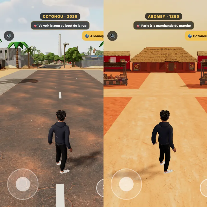 Captures du prototype : Cotonou 2026 à gauche, Abomey 1890 à droite