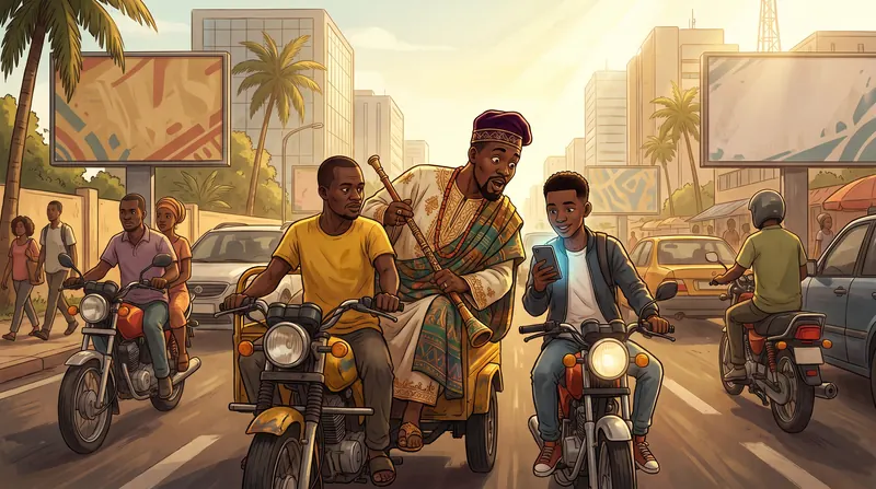 Le roi Béhanzin à moto-taxi dans les rues de Cotonou d'aujourd'hui