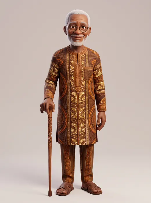 Togbo, le grand-père, en tenue de pagne avec sa canne