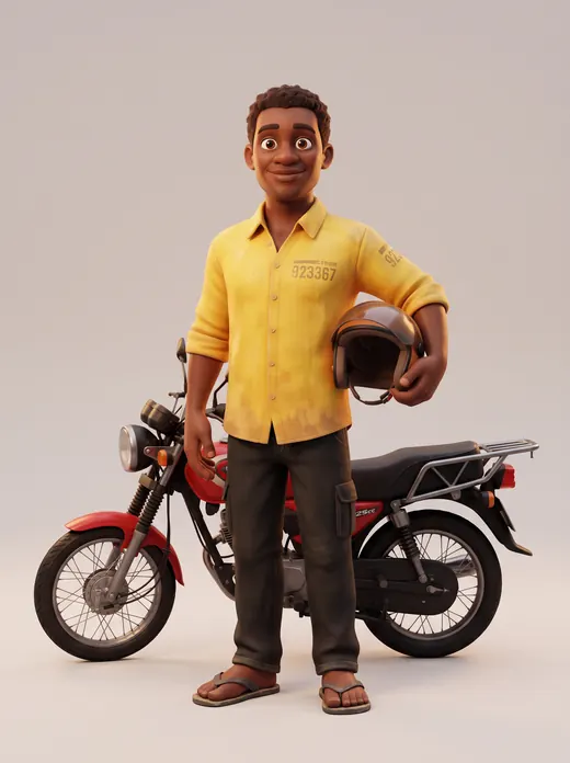 Le zémidjan en chemise jaune, casque à la main, devant sa moto